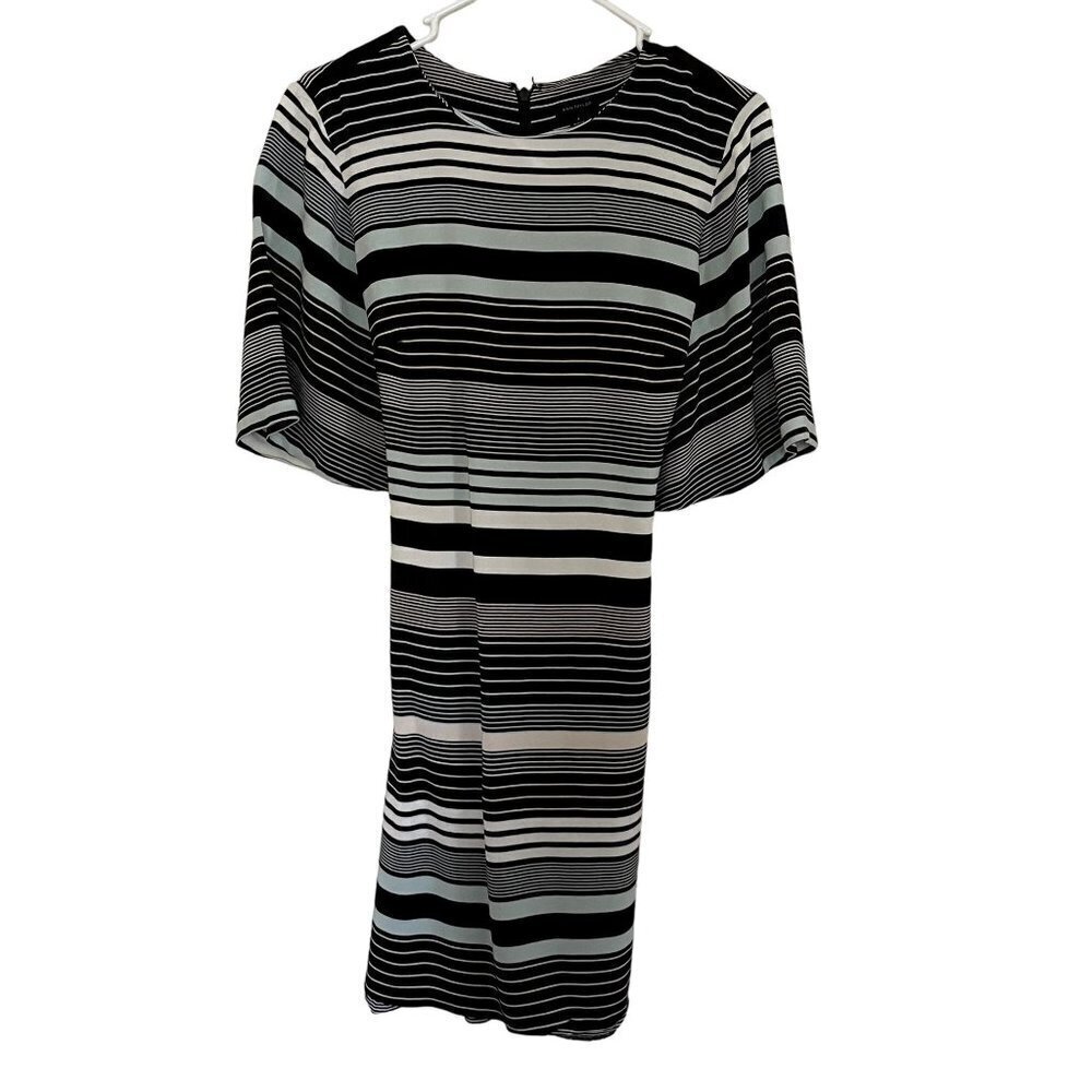 Ann Taylor aqua white black striped cinched waist classy summer dress